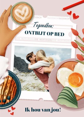 Tegoedbon Ontbijt Op Bed Geïllustreerd Foto Upload Valentijnsdag Kaart