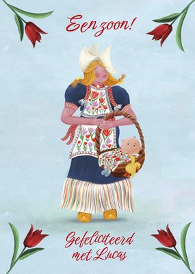 Geïllustreerde Vrouw Met Baby Geboorte Zoon Kaart