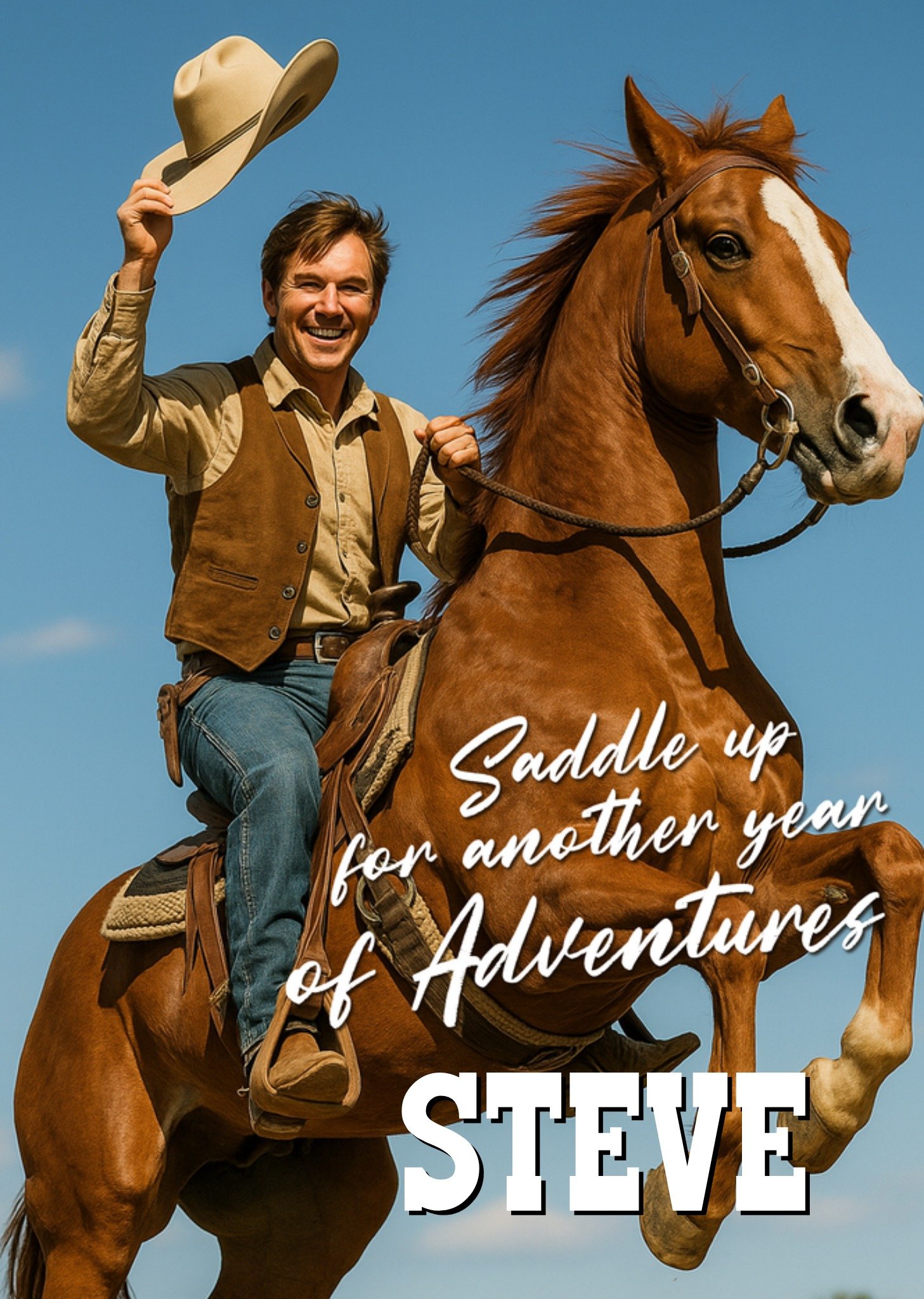 Verjaardagskaart Face Swap Saddle up Cowboy Greetz