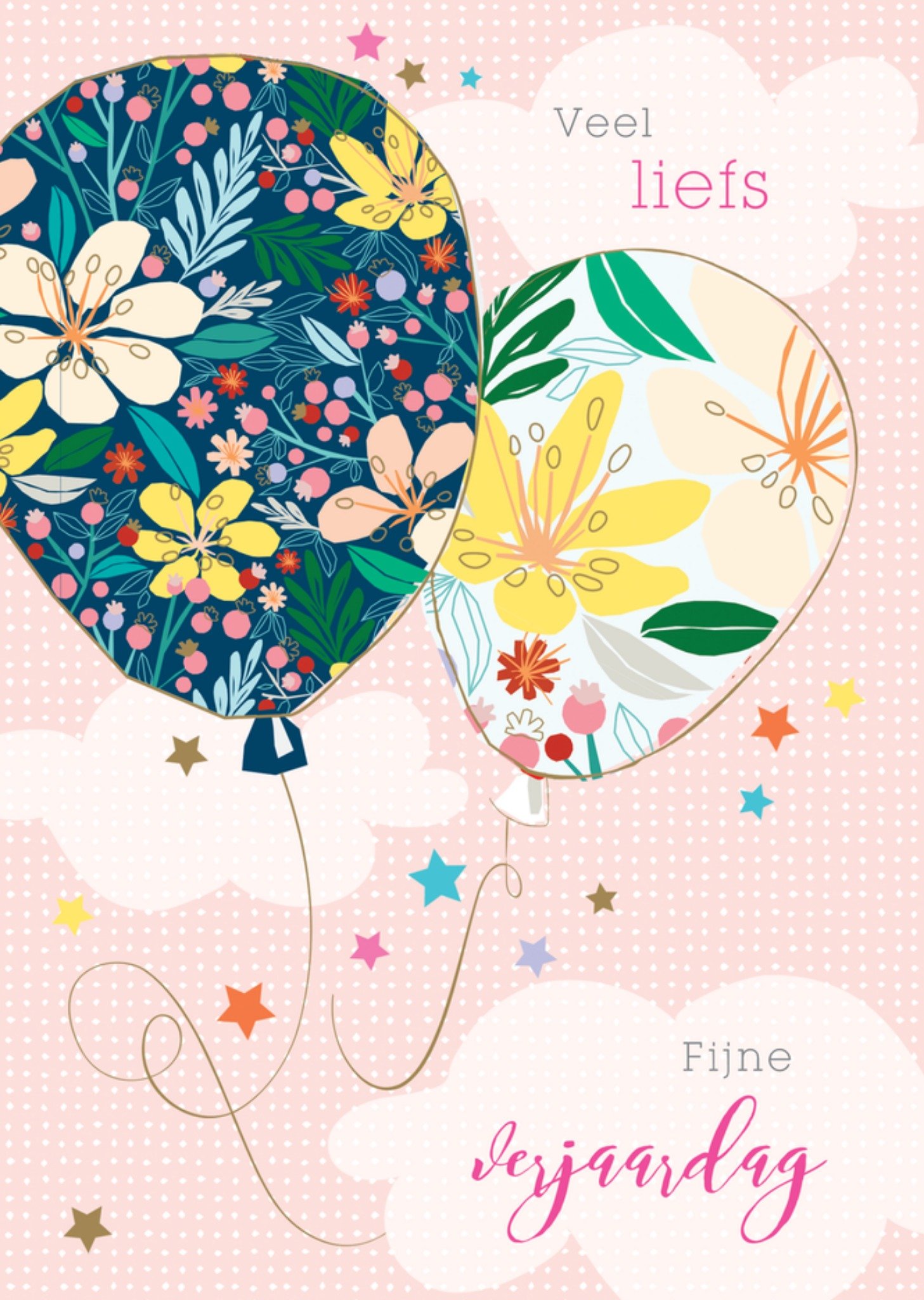 Verjaardagskaart Veel Liefs Fijne Bloemenballonnen Illustratie Kaart TMS