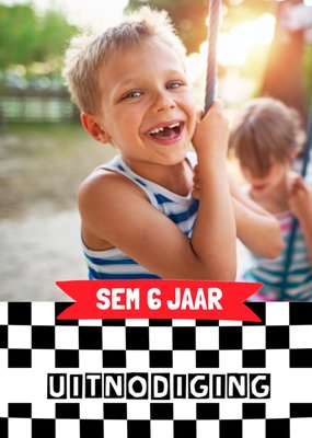Racevlag Foto Upload 6e Verjaardag Uitnodiging Kaart