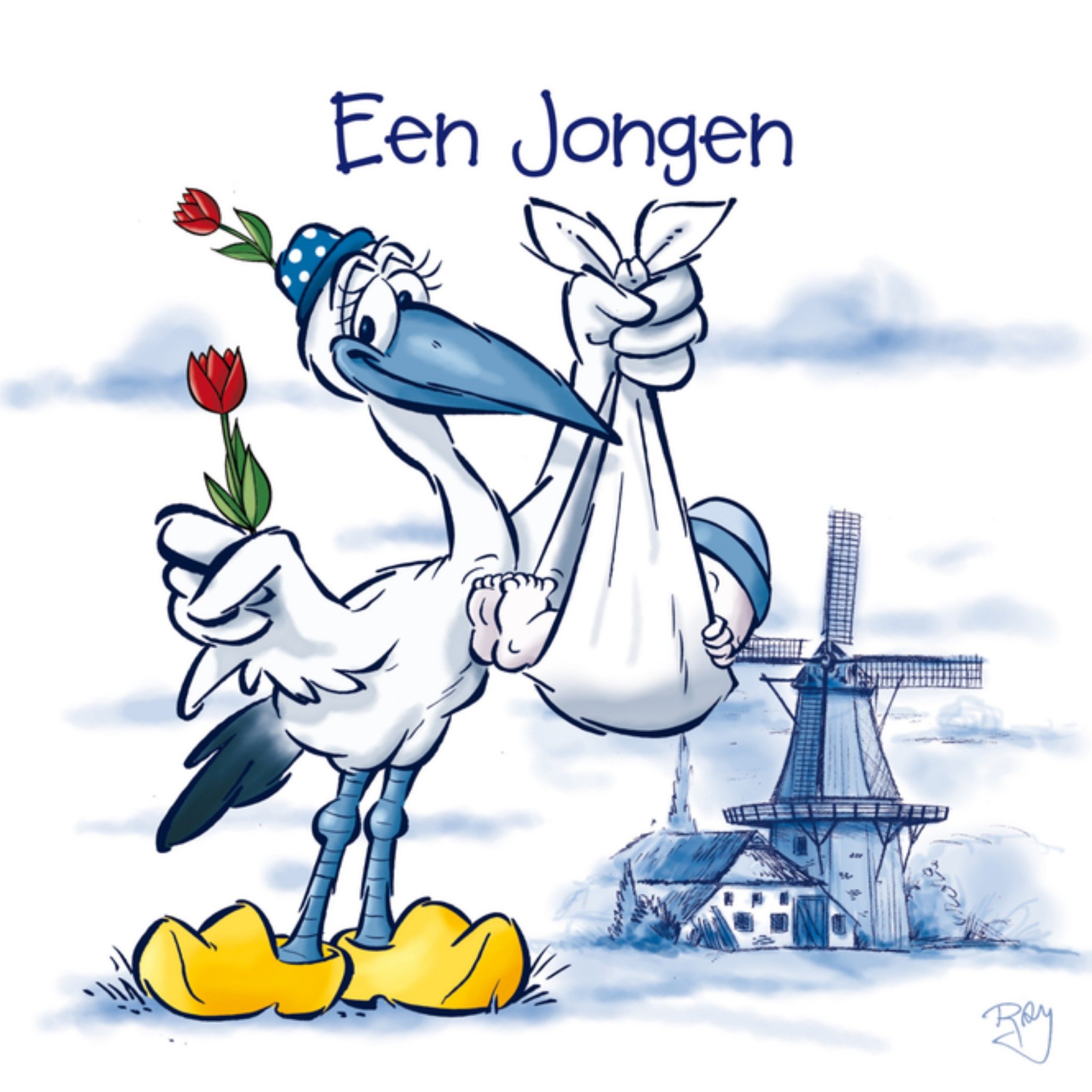 Geboortekaart ooievaar Vierkante Kaart Old Dutch