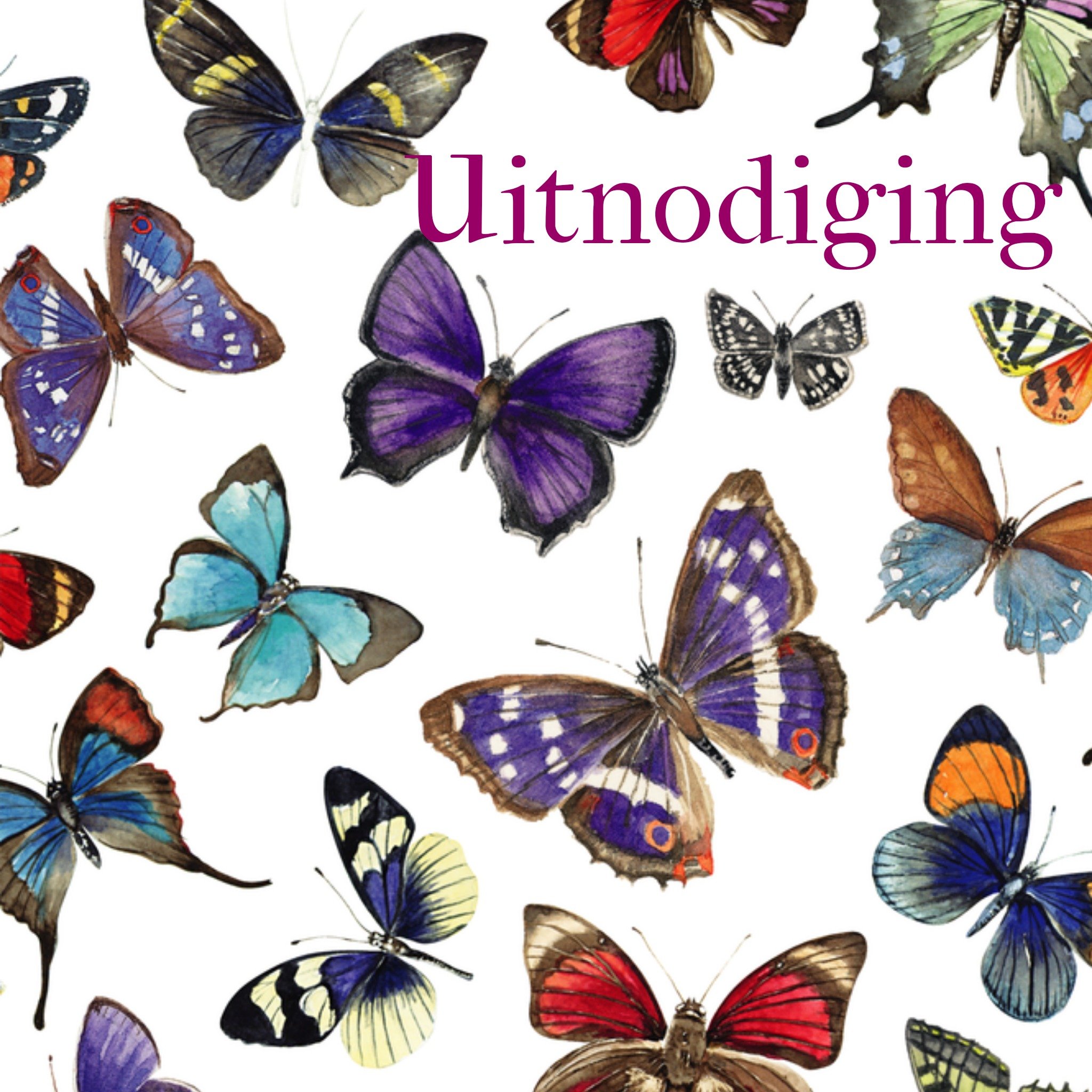 Uitnodiging met vlinders in blauwe tinten Vierkante Kaart Janneke Brinkman