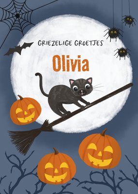 Griezelige Groetjes Geïllustreerde Kat Op Bezem Halloween Kaart