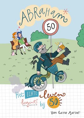 Het Echte Leven Begint Bij 50 Geïllustreerde Abraham Op Motor Verjaardag Kaart