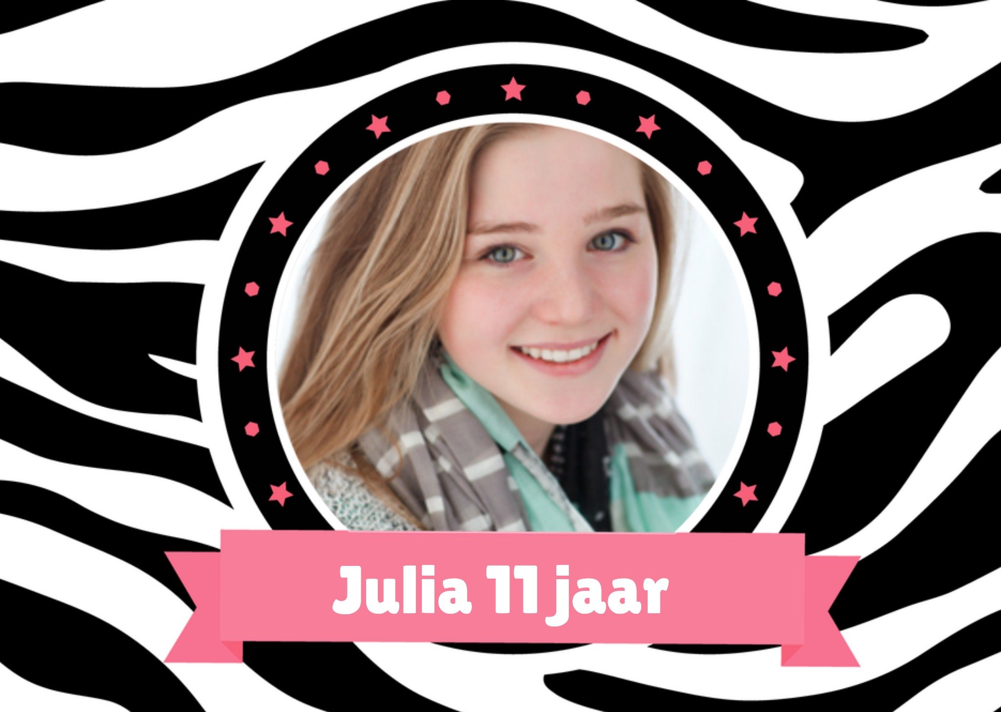 Zebraprint met eigen foto, naam en leeftijd Kaart Greetz