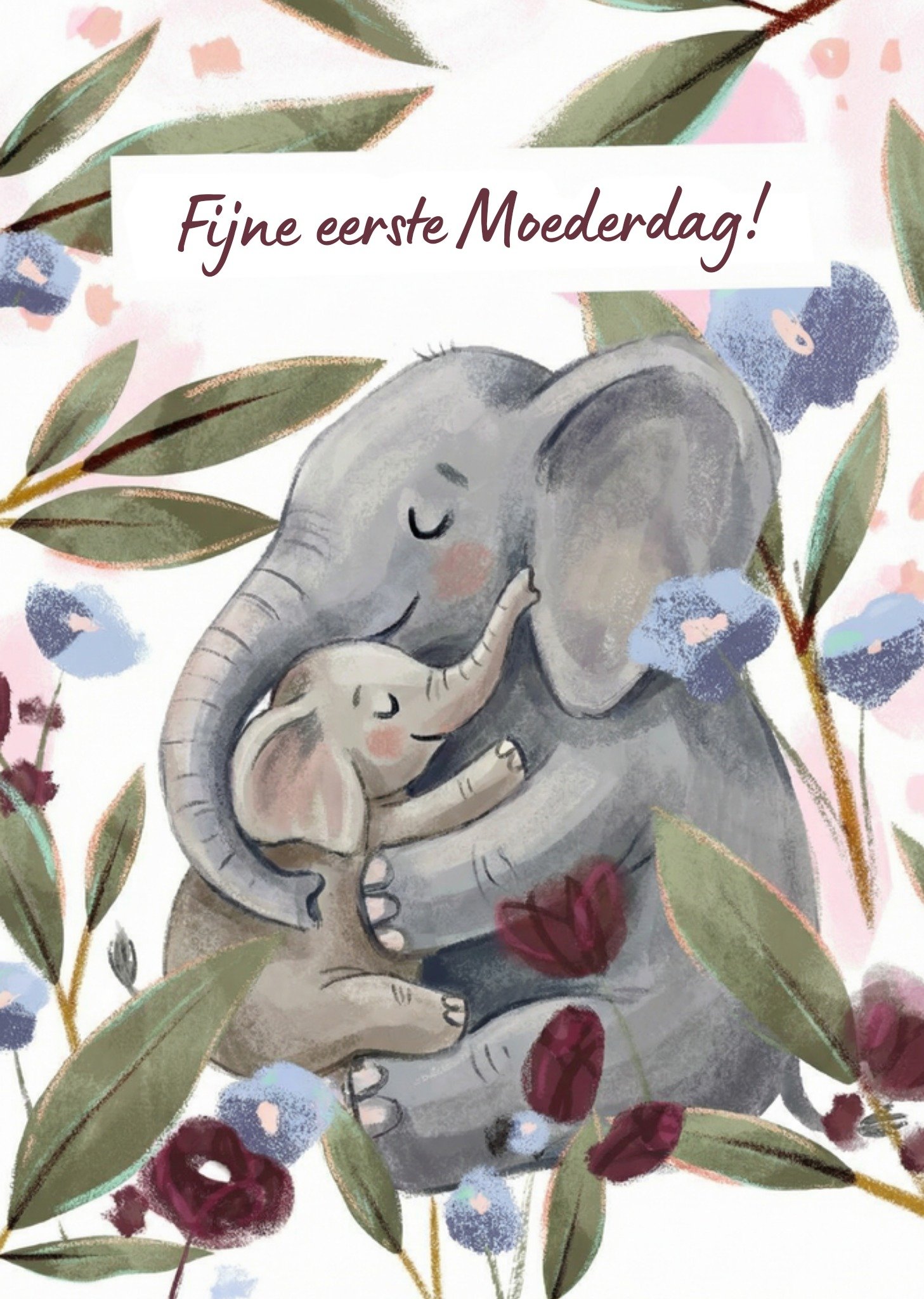 Moederdagkaart Schattige olifant met baby en bloemenillustratie Aanpasbare tekst Greetz