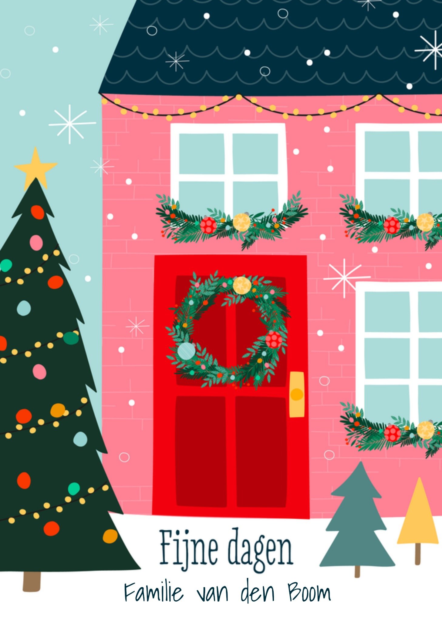 Greetz Kerst Vrolijk Roze Huis Sneeuw Standard Card