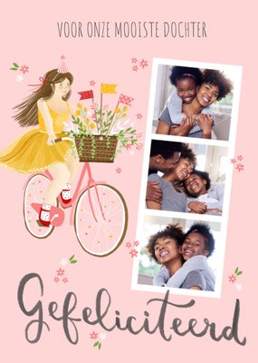 Voor Onze Mooiste Dochter Geïllustreerd Meisje Op Fiets Collage Gefeliciteerd Kaart