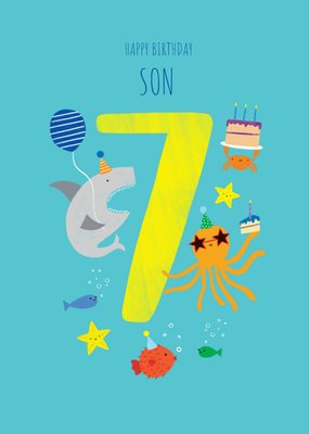 Geïllustreerde Zeedieren Zoon 7e Verjaardag Kaart