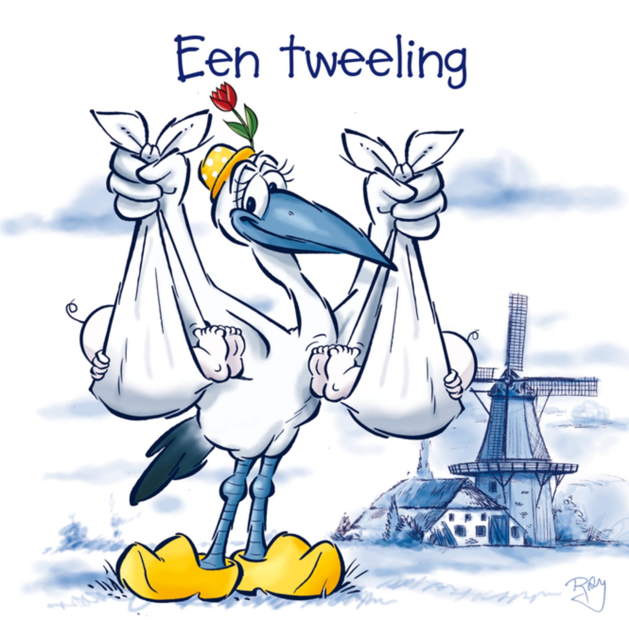 Geboortekaart ooievaar tweeling Vierkante Kaart Old Dutch