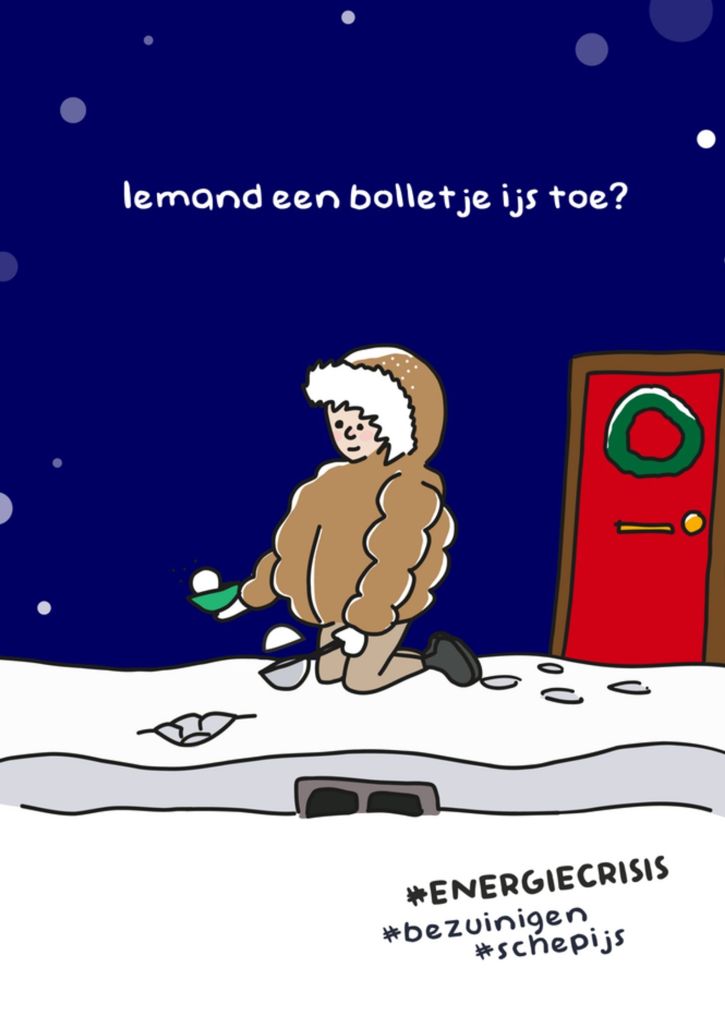 Kerstkaart Ijs energie crisis Liefs Jansje