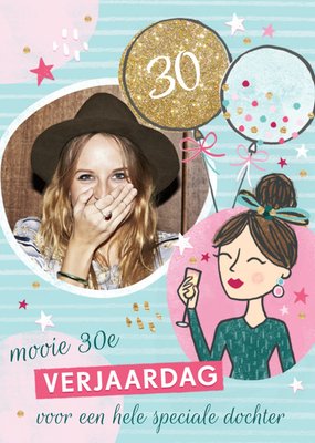 Illustratie Vrouw Met Ballonnen Foto Upload Dochter 30e Verjaardag Kaart