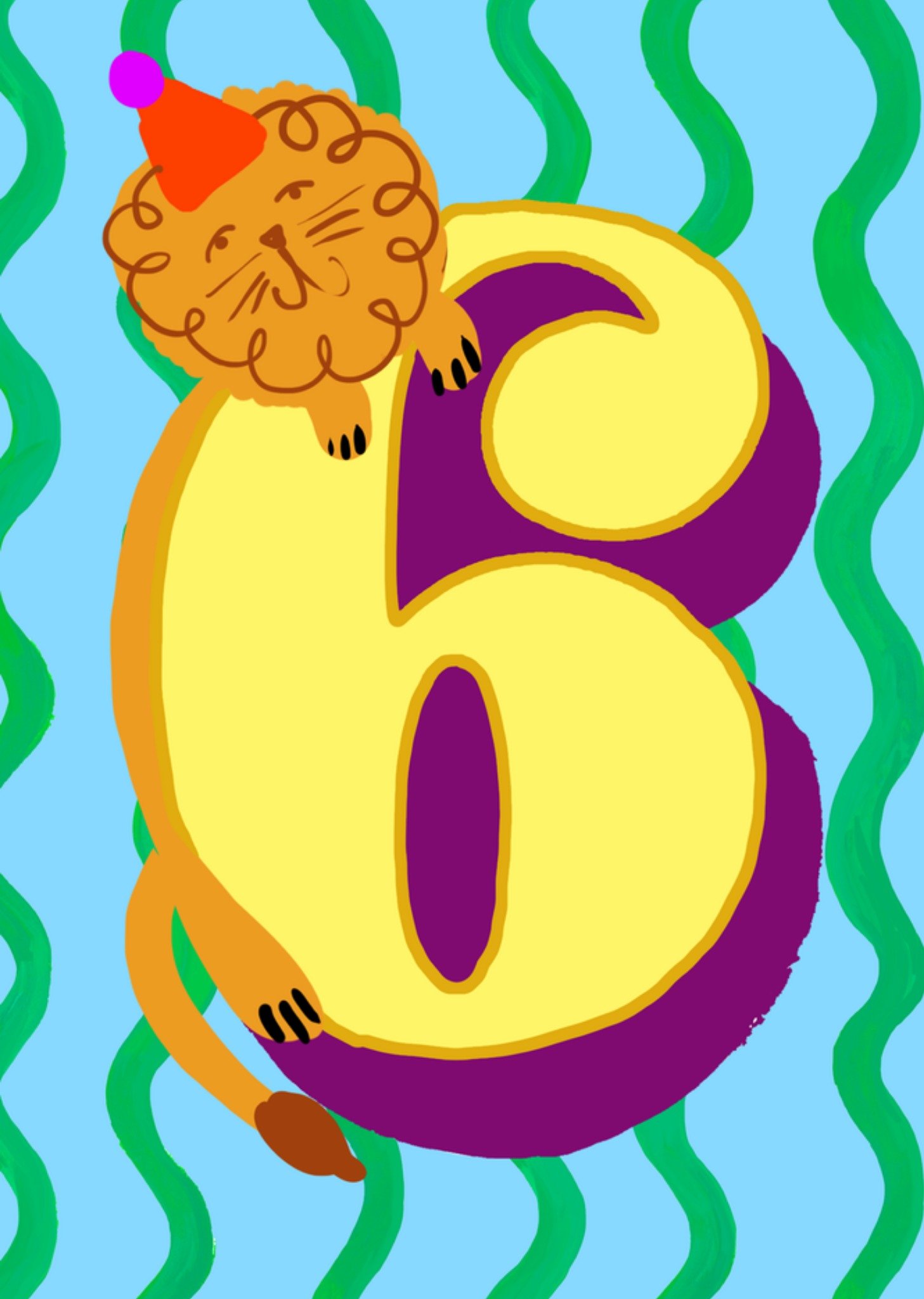 Verjaardagskaart 6e verjaardag Geïllustreerd nummer 6 met een leeuw Kaart Eleanor Bowmer