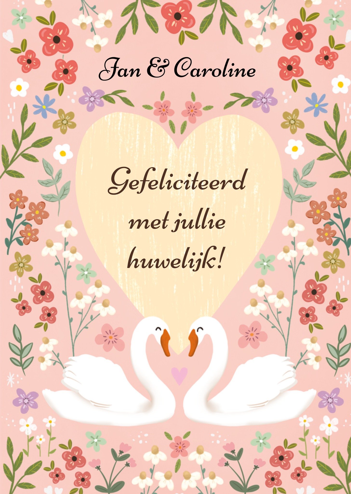 Geïllustreerd Zwanen Met Bloemen Huwelijkskaart Greetz