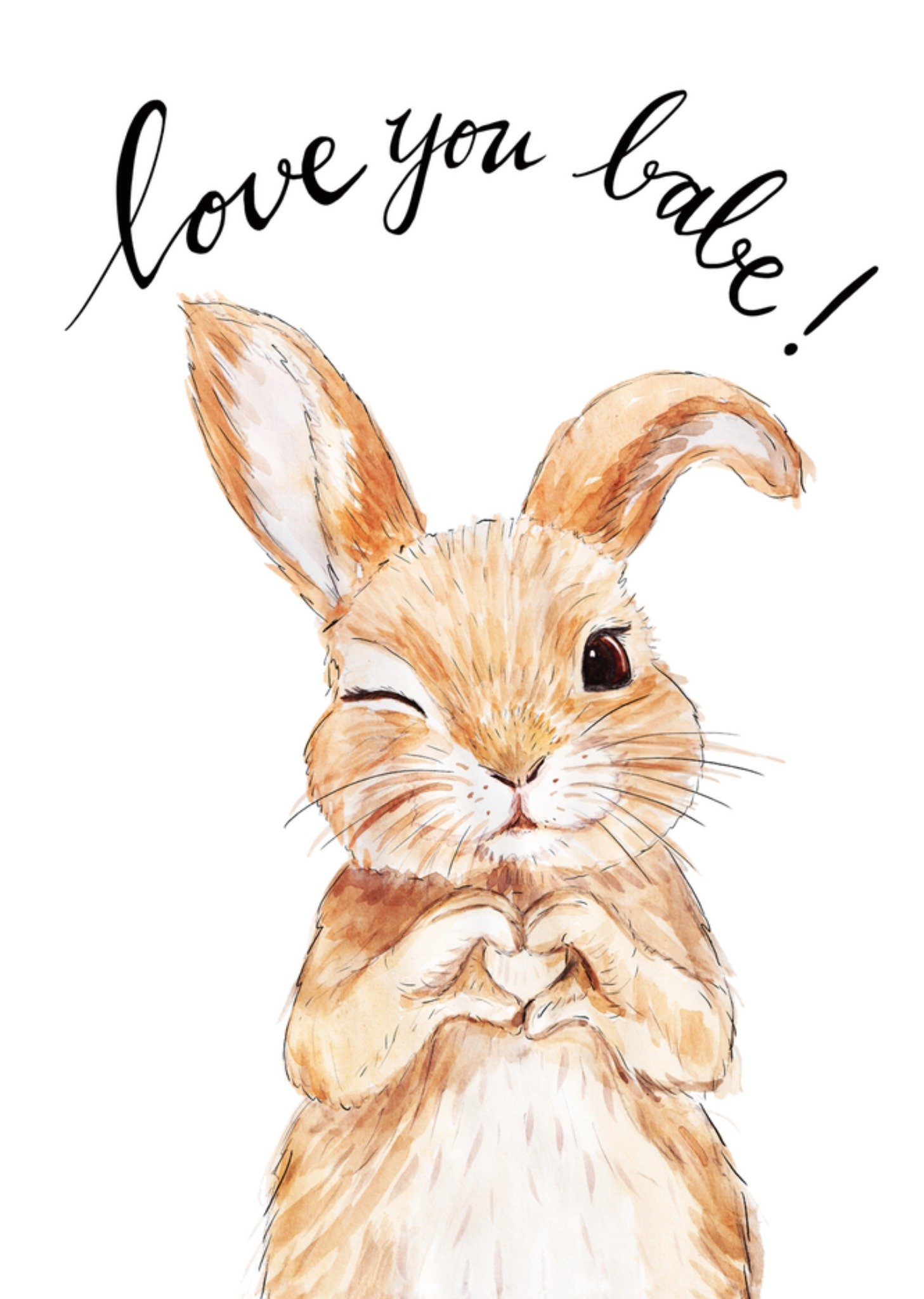 Maartje Bodt Valentijnskaart Love you babe Schattige Aquarel Konijn Kaart Marie Bodié