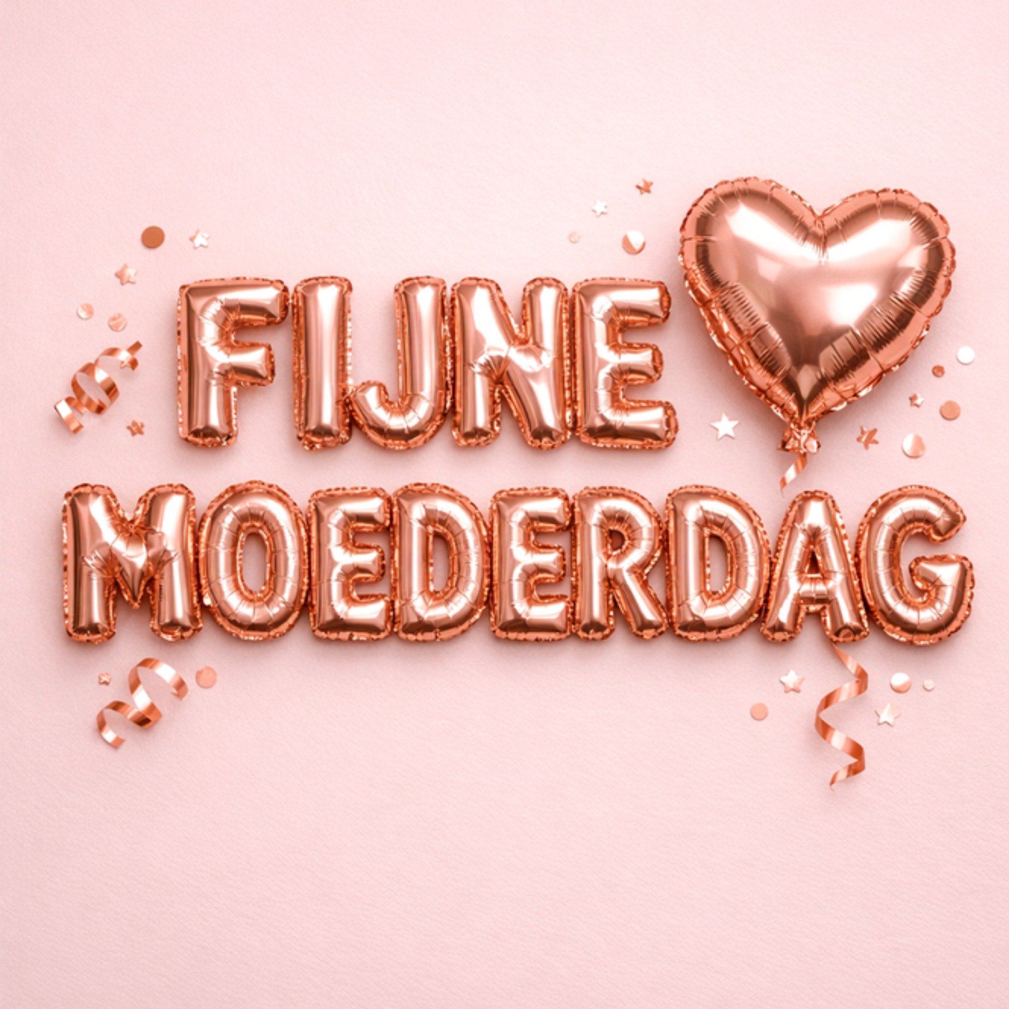 Moederdagkaart Roségouden ballonletters met hart en confetti Greetz