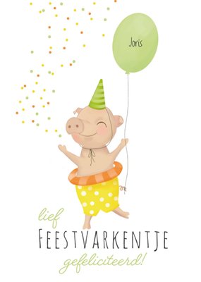 Lief Feestvarkentje Geïllustreerd Varken Met Ballon Gefeliciteerd Kaart