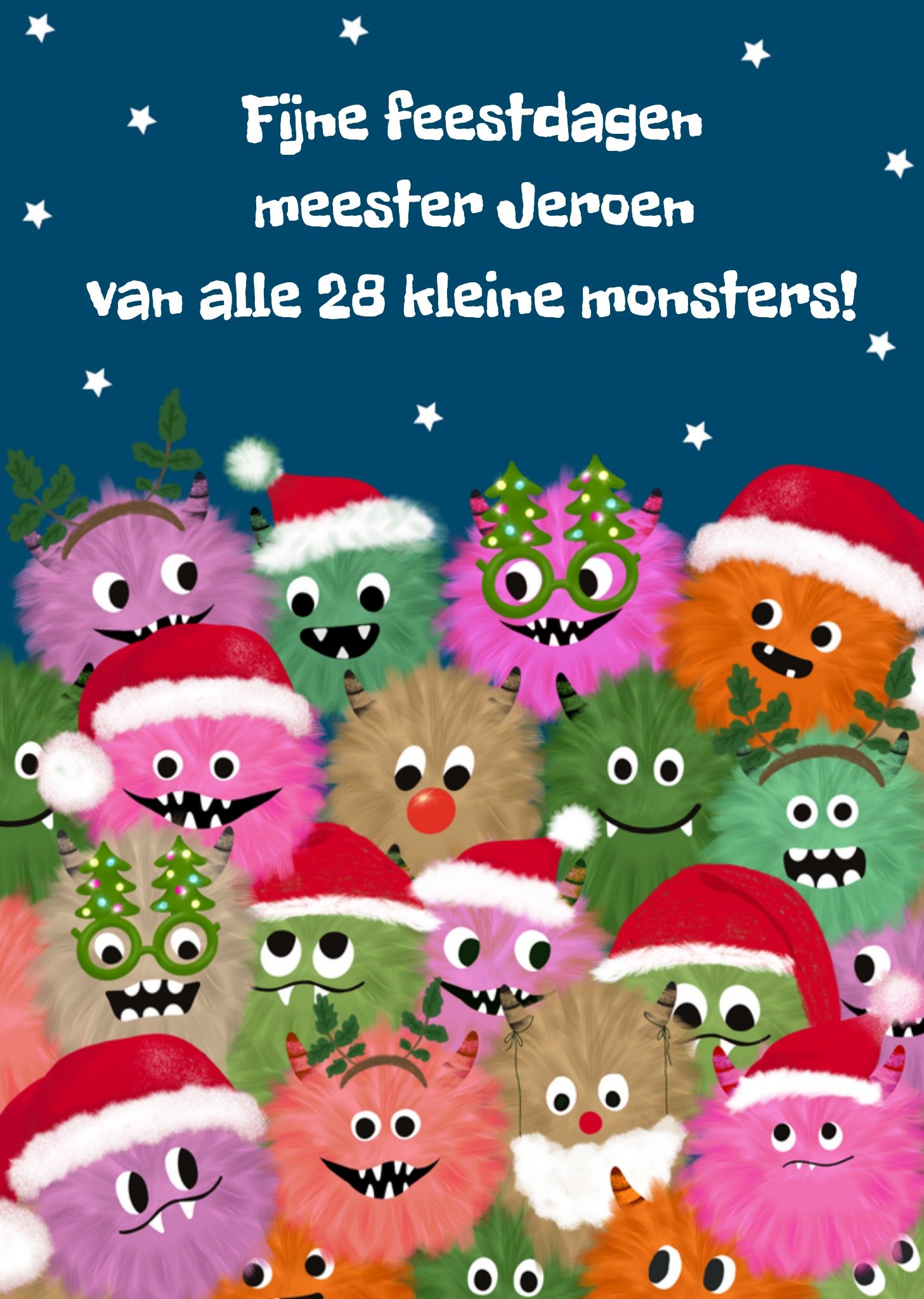 Kerstkaart Monsters Meester Tsjip