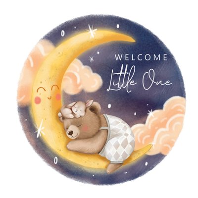 Aniet Illustration | Geboortekaart | Welcome Little One | Illustrated Bear Bunny And Moon