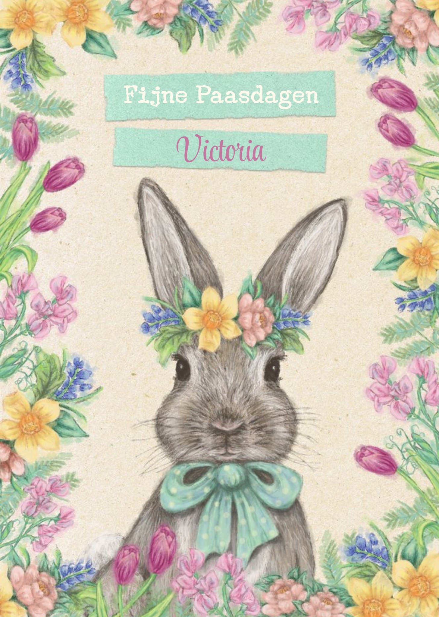 Paaskaart Fijne Paasdagen Schattig konijntje Aanpasbare tekst Kaart Greetz