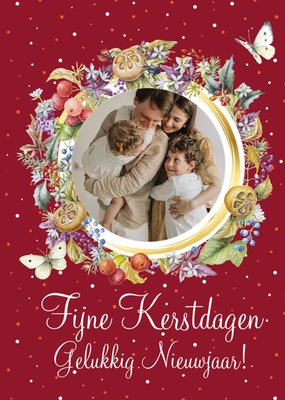 Fijne Kerstdagen Gelukkig Nieuwjaar Geïllustreerde Krans Fotokaart