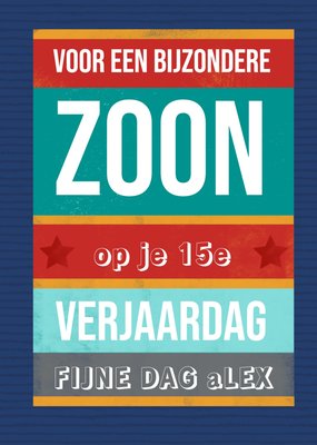Voor Een Bijzondere Zoon Gekleurde Strepen Typografisch 15e Verjaardag Kaart