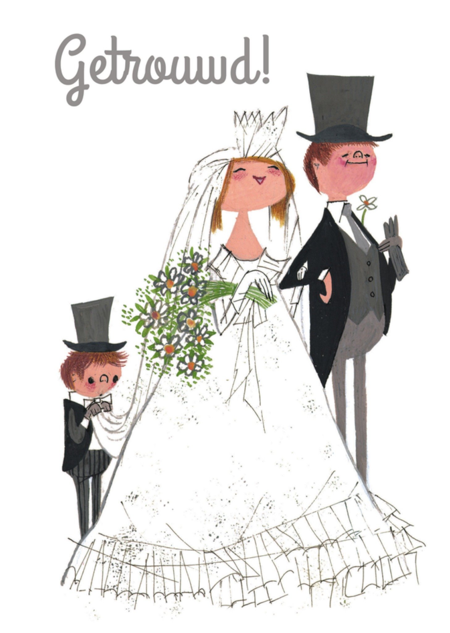 Huwelijkskaart Bruidspaar met jongetje Kaart Fiep Westendorp