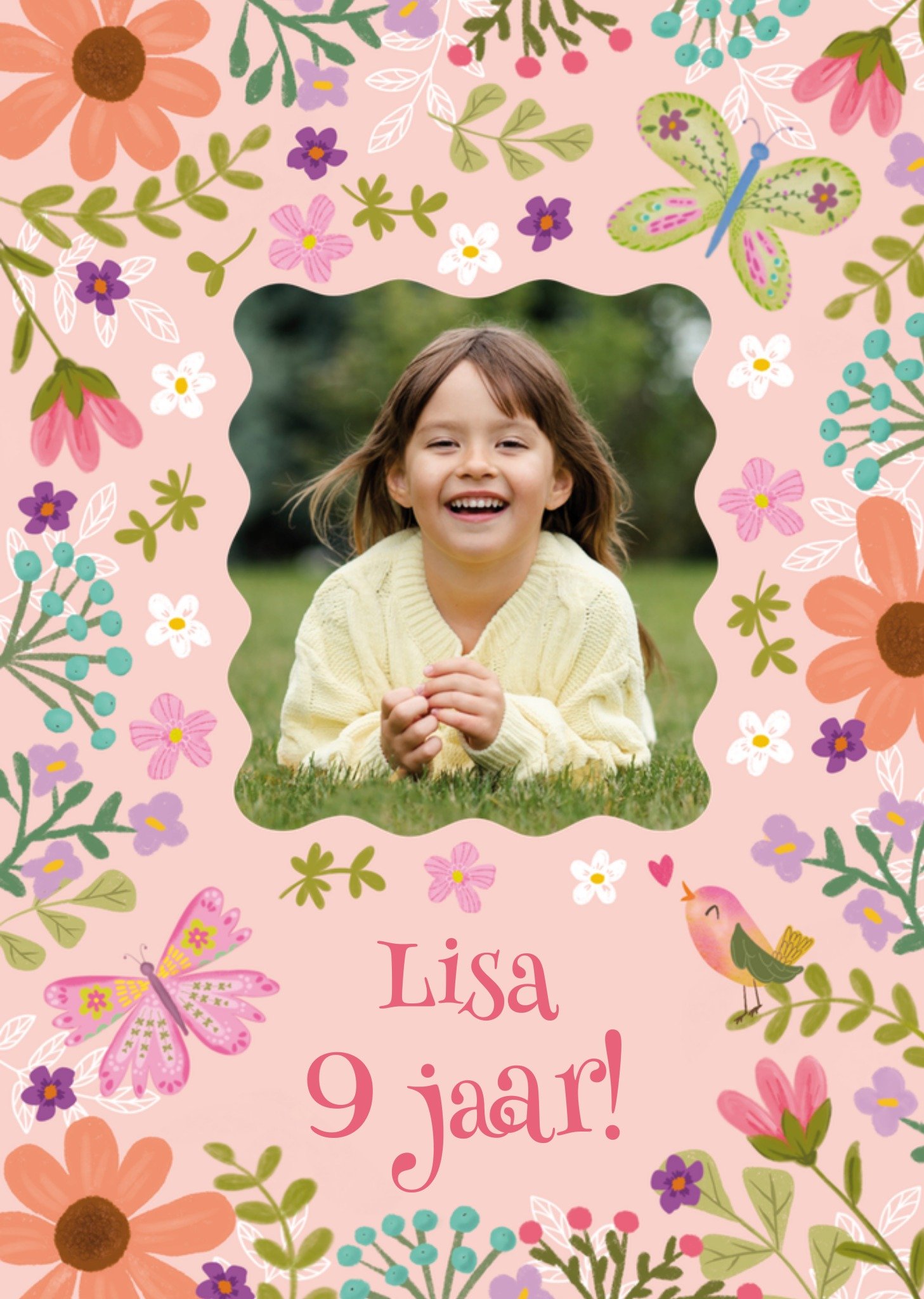 Verjaardagskaart Geïllustreerde bloemen 9 jaar Aanpasbare foto enn tekst Kaart Tsjip