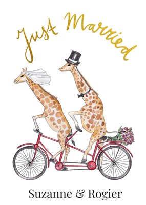 Geïllustreerde Giraffen Op Tandem Net Getrouwd Kaart