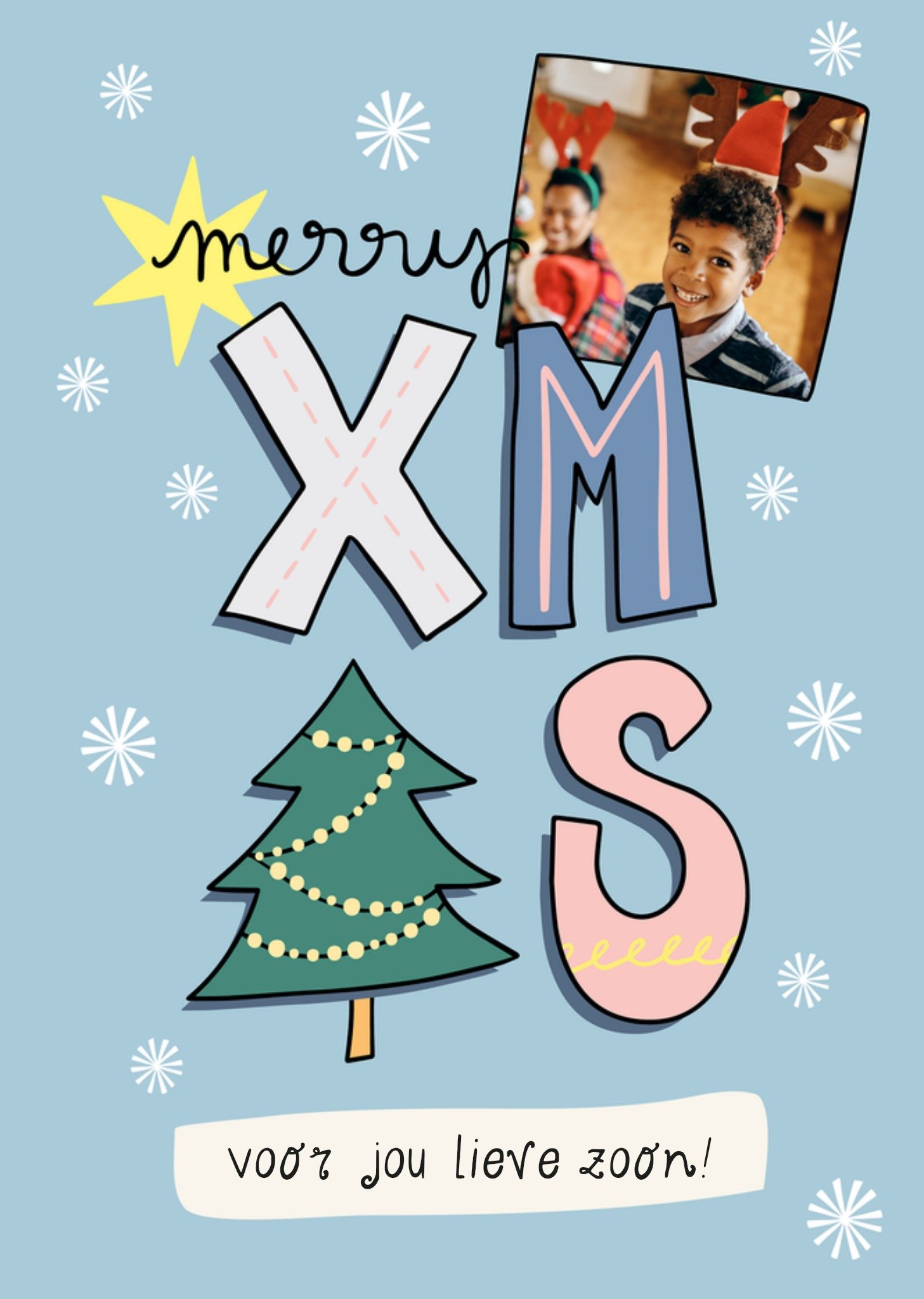 Kerstkaart Merry Xmas Voor Jou Lieve Zoon Fotokaart aanpasbare tekst Funny Side Up