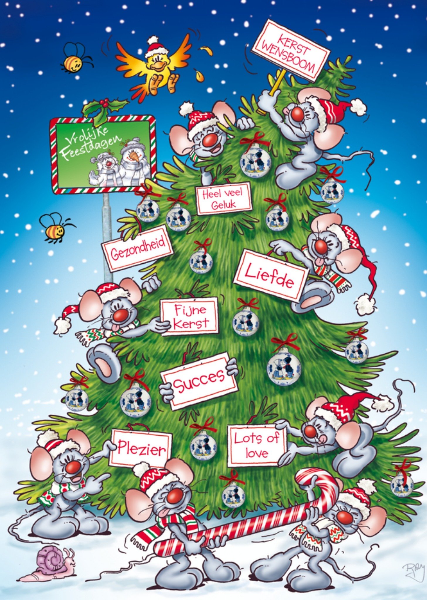 Kerstkaart kerstboom muizen Doodles