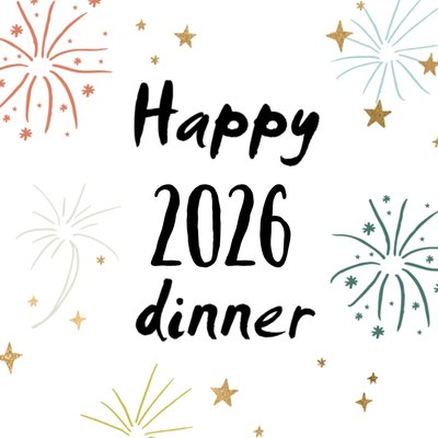 Gelukkig 2026 Diner Geïllustreerd Vuurwerk Nieuwjaar Kaart