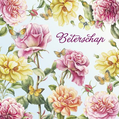 Janneke Brinkman | Beterschapskaart | Roze en gele bloemen