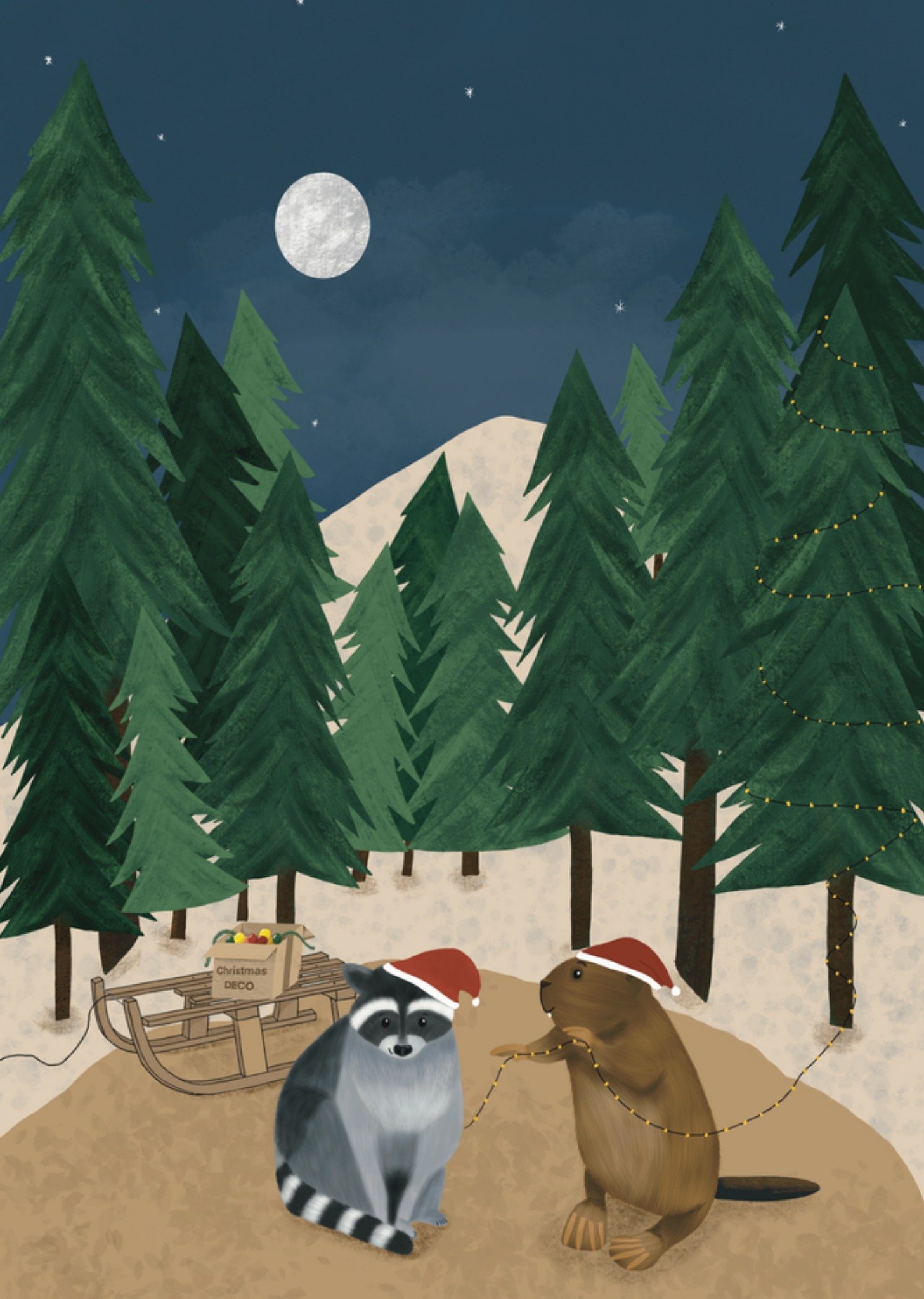 De Merkwaardige Studio Kerstkaart Geïllustreerde feestelijke scène met wasbeer en bever De merkwaardige studio