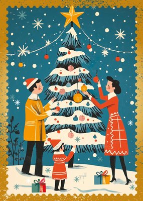 Geïllustreerd Gezin Versiert Boom Kerstkaart