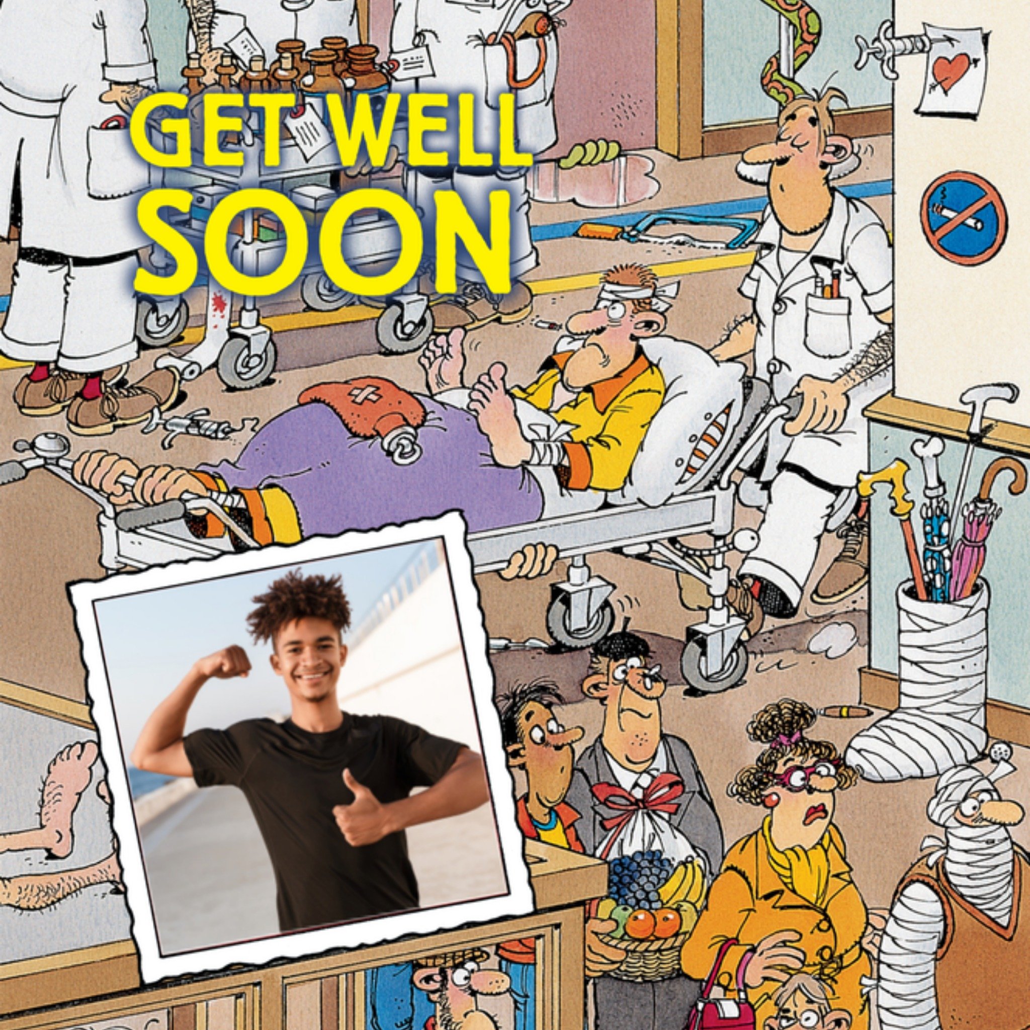 Beterschapskaart Get well soon + foto Vierkante Kaart Jan van Haasteren