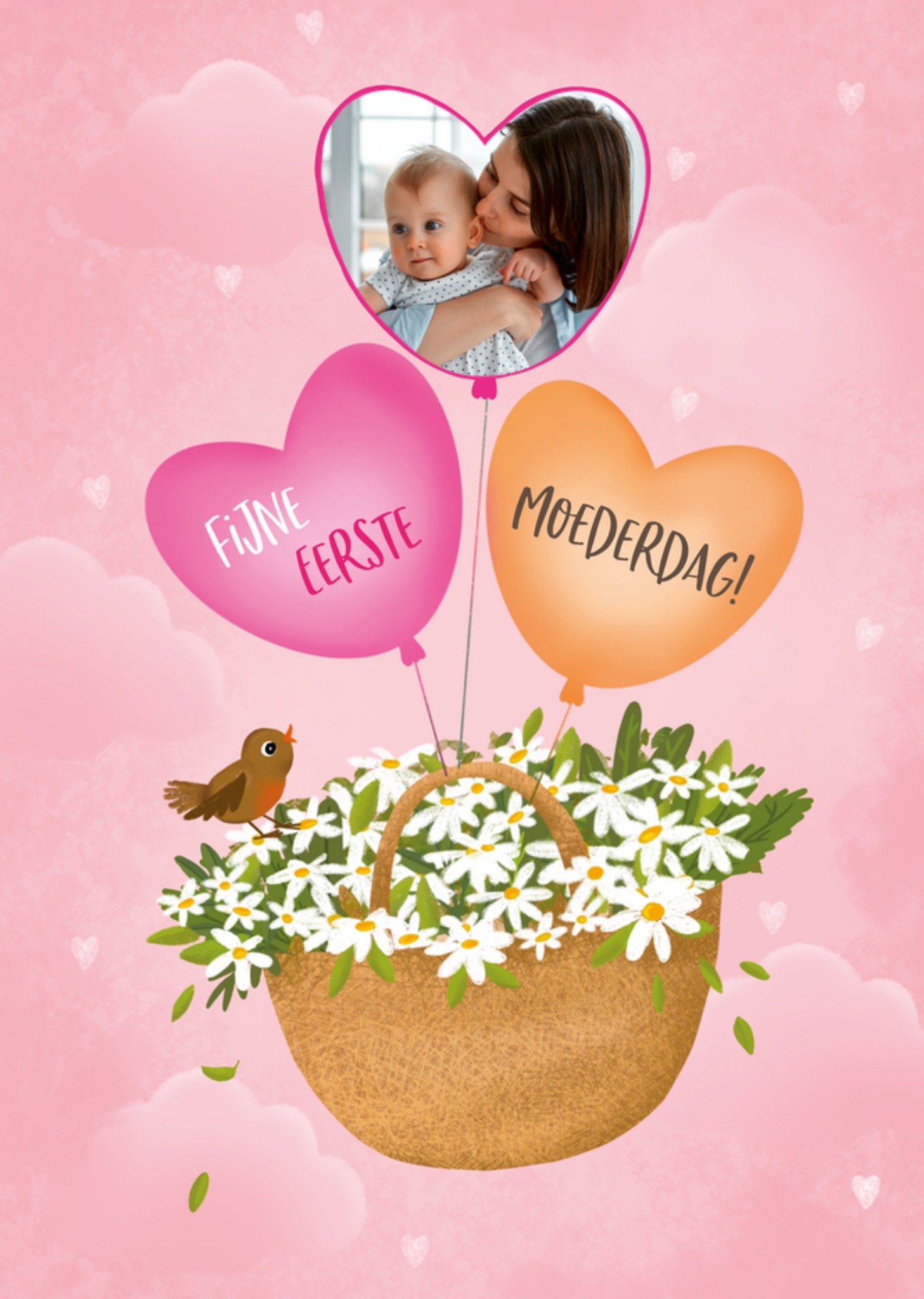 Tsjip Moederdagkaart Hartballonnen En Bloemenmand Illustratie Aanpasbare foto Greetz
