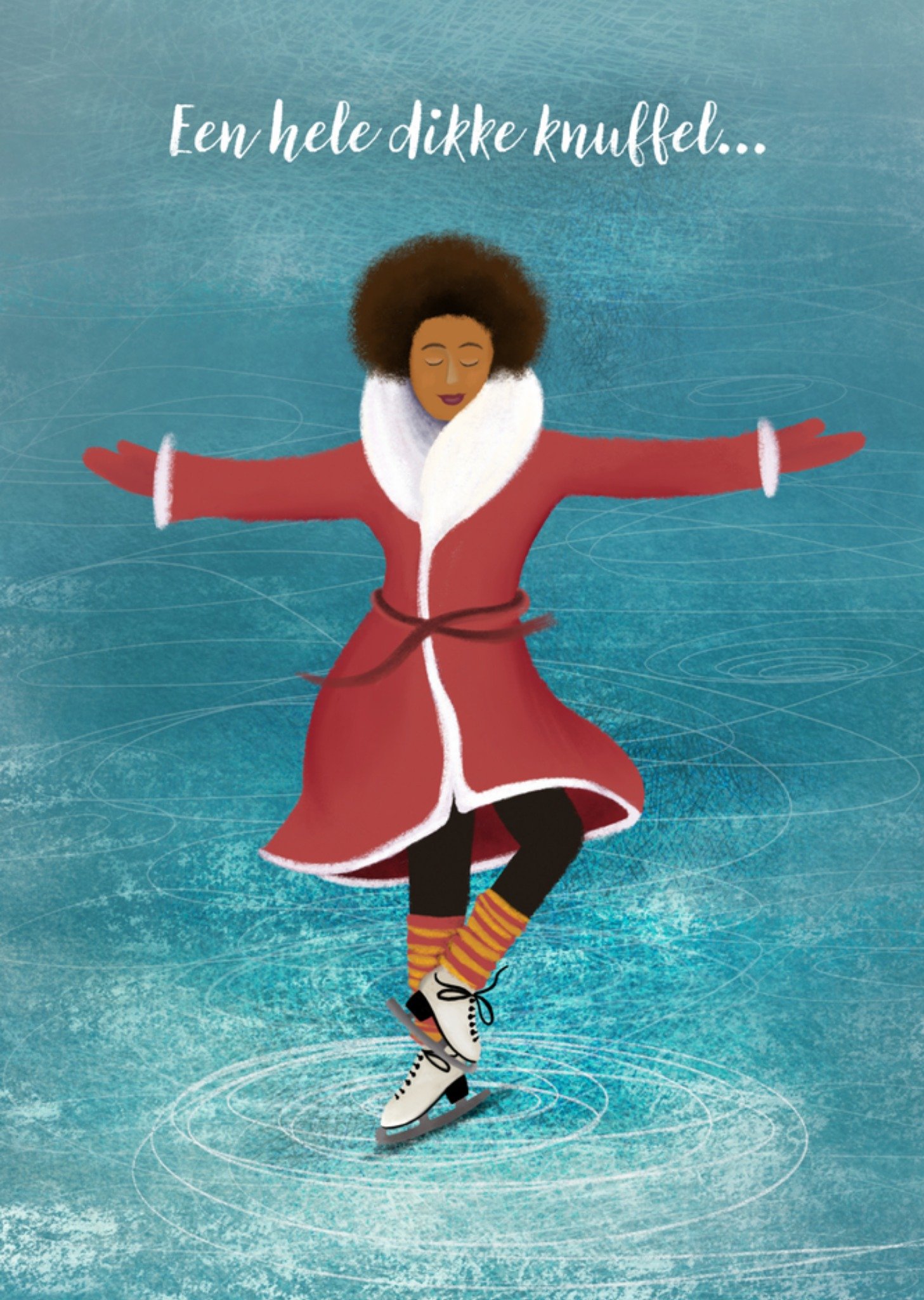 Kerstkaart schaatsen dikke knuffel Greetz