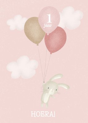 Geïllustreerd Konijn Met Ballonnen 1e Verjaardag Kaart