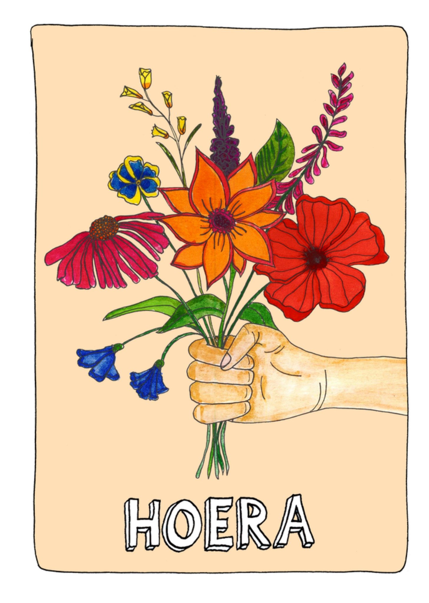 Verjaardagskaart Hoera geïllustreerde bloemenkaart Kaart Sandysign