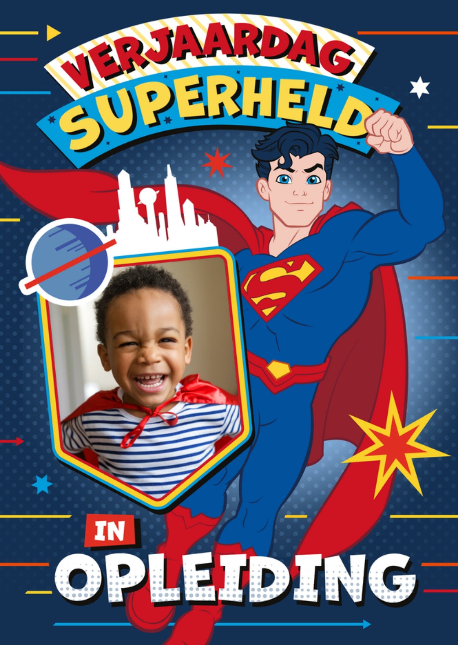 Warner Bros Verjaardagskaart Superman Verjaardag superheld in opleiding Aanpasbare foto Kaart Greetz