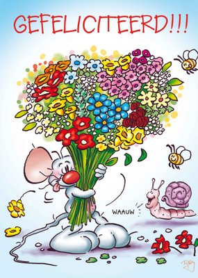 Geïllustreerde Muis Met Bloemen Gefeliciteerd Kaart