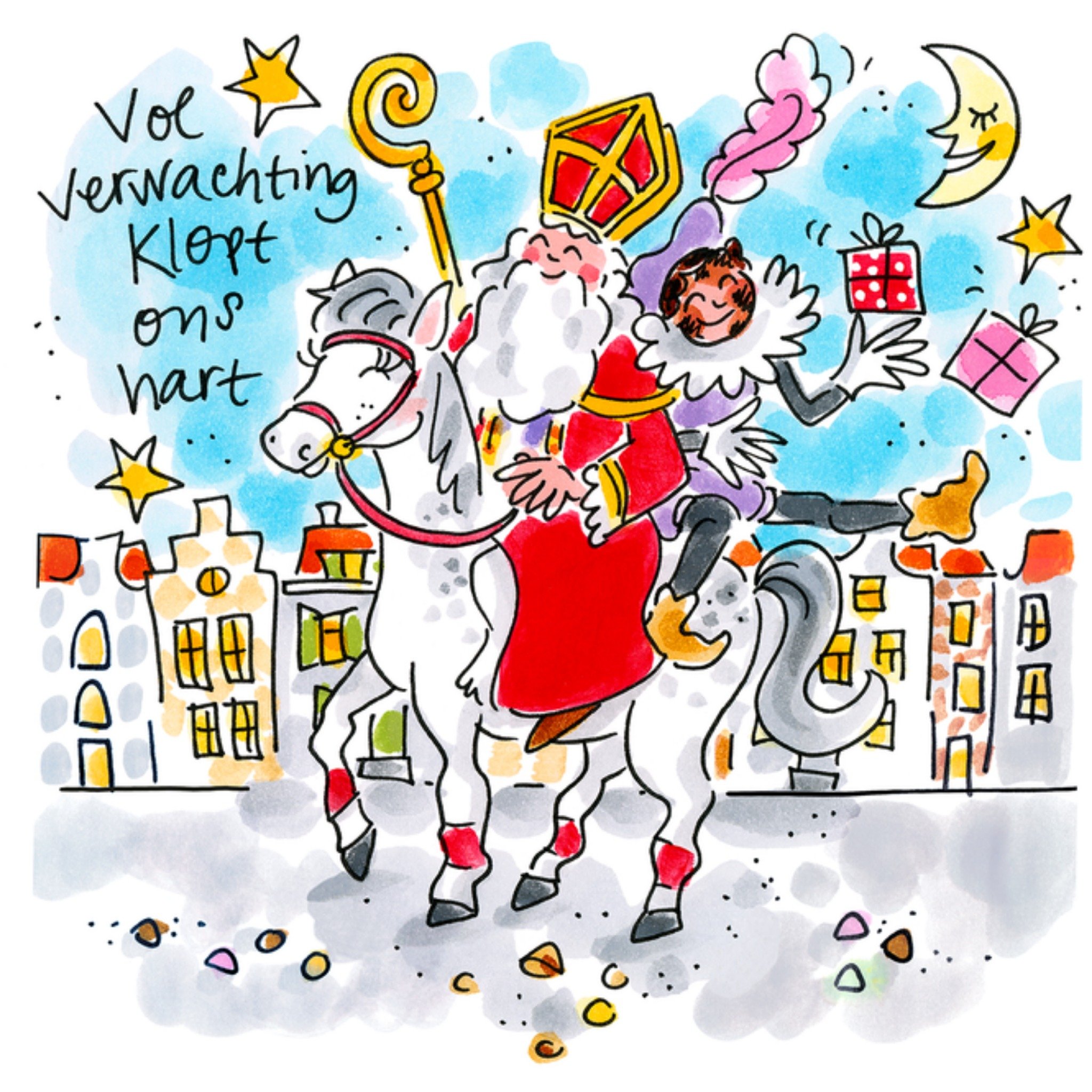 Blond Amsterdam Sinterklaaskaart Vol verwachting klopt ons hart Vierkant