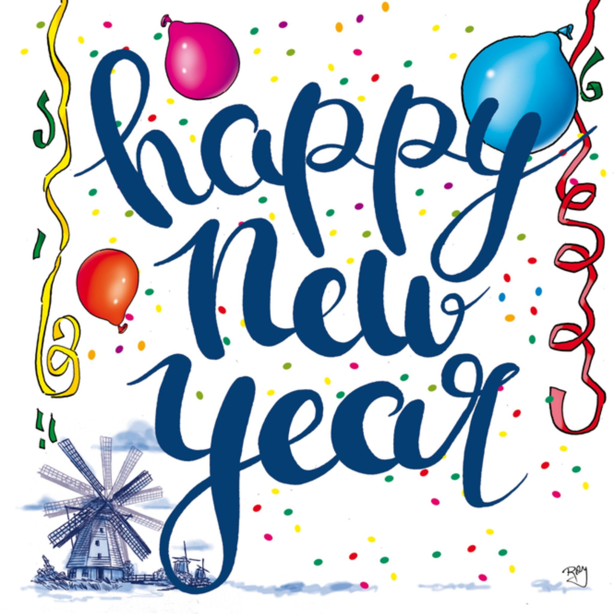 Nieuwjaarskaart ballonnen Vierkante Kaart Old Dutch