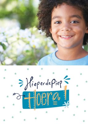 Hieperdepiep Hoera Sterren Typografisch Foto Upload Verjaardag Kaart