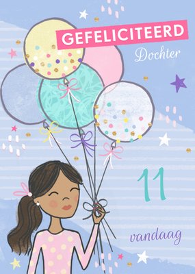 Geïllustreerd Meisje Met Ballonnen Dochter 11e Verjaardag Kaart