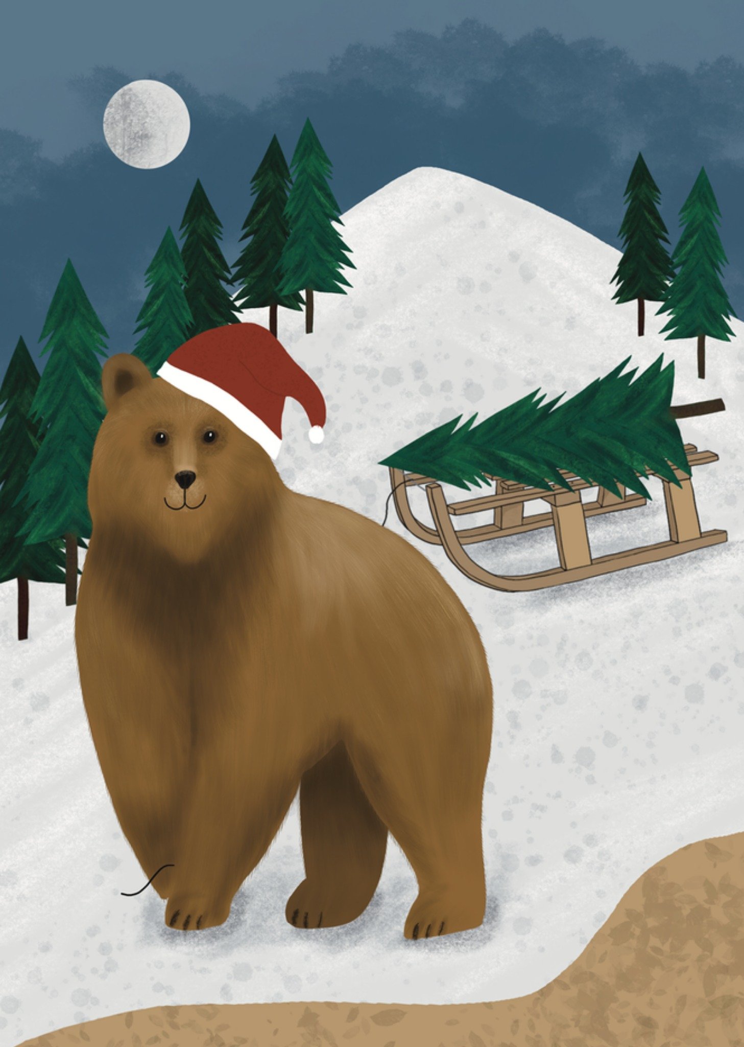 De Merkwaardige Studio Kerstkaart Geïllustreerde kerstscène van een bruine beer De merkwaardige studio