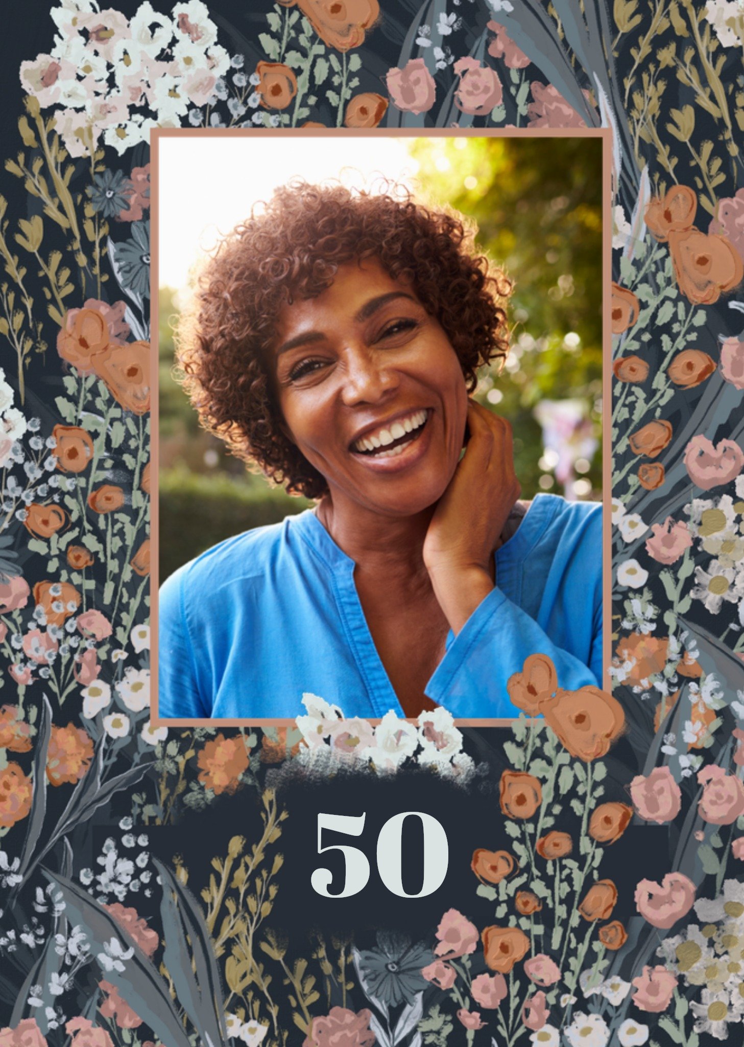 Verjaardagskaart - 50 - Geschilderde bloemen - Fotokaart - Aanpasbare tekst