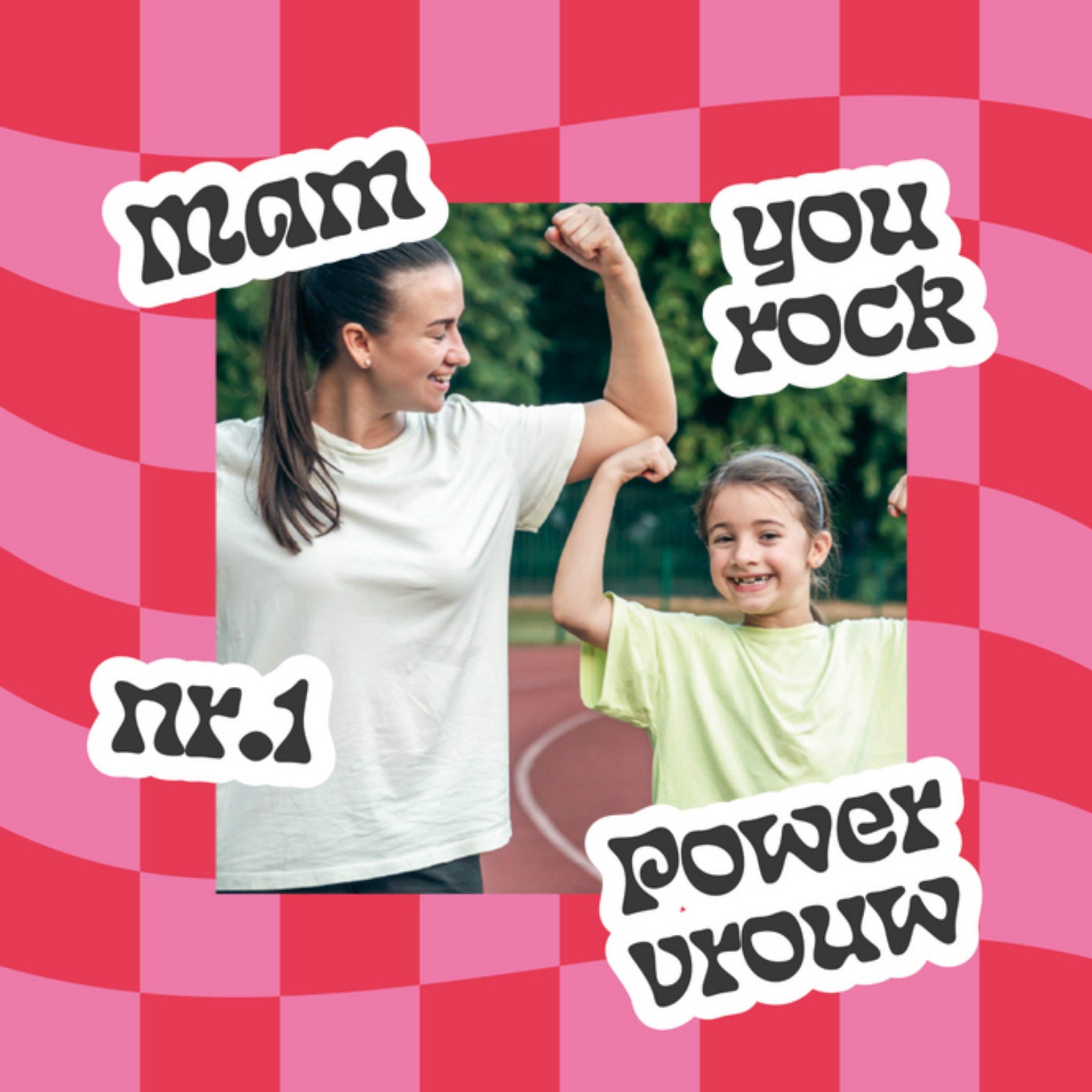 Moederdagkaart - Mam you rock nr.1 power vrouw - Golvend geruit patroon - Fotokaart